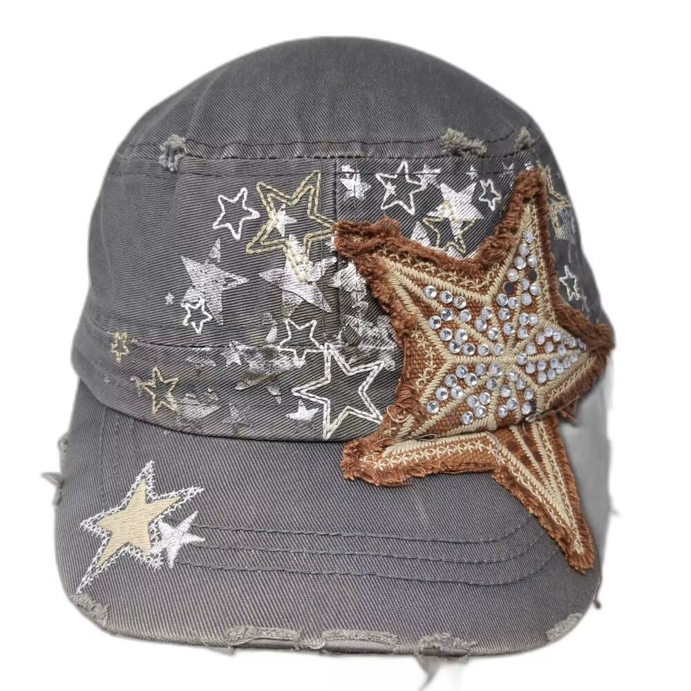 Leader L.O.G.A. Army Cap Hat Gray OS Slideback Rhinestone Distressed Star Patch